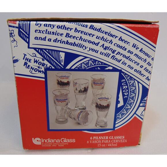 Vintage Pilsner Beer Glasses 1995 Budweiser Winter Clydesdales Set Of 6 Box Rare - Picture 13 of 14